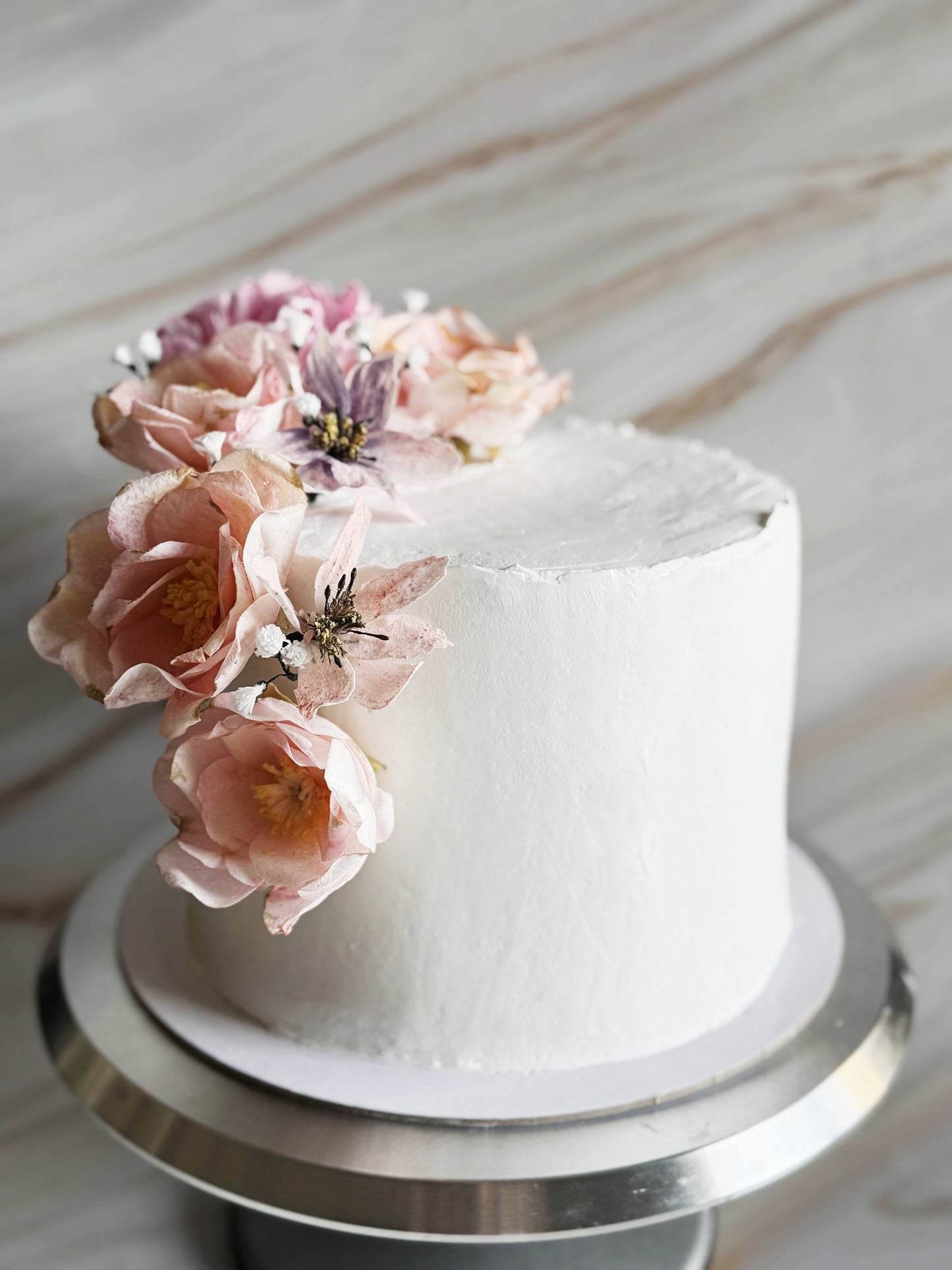 Minimalist One-Tier Cake with Handcrafted Wafer Paper Flowers