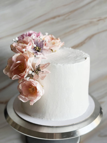 Minimalist One-Tier Cake with Handcrafted Wafer Paper Flowers