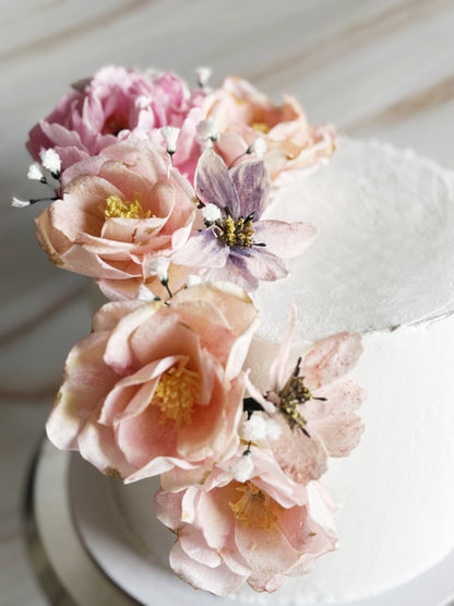 Minimalist One-Tier Cake with Handcrafted Wafer Paper Flowers